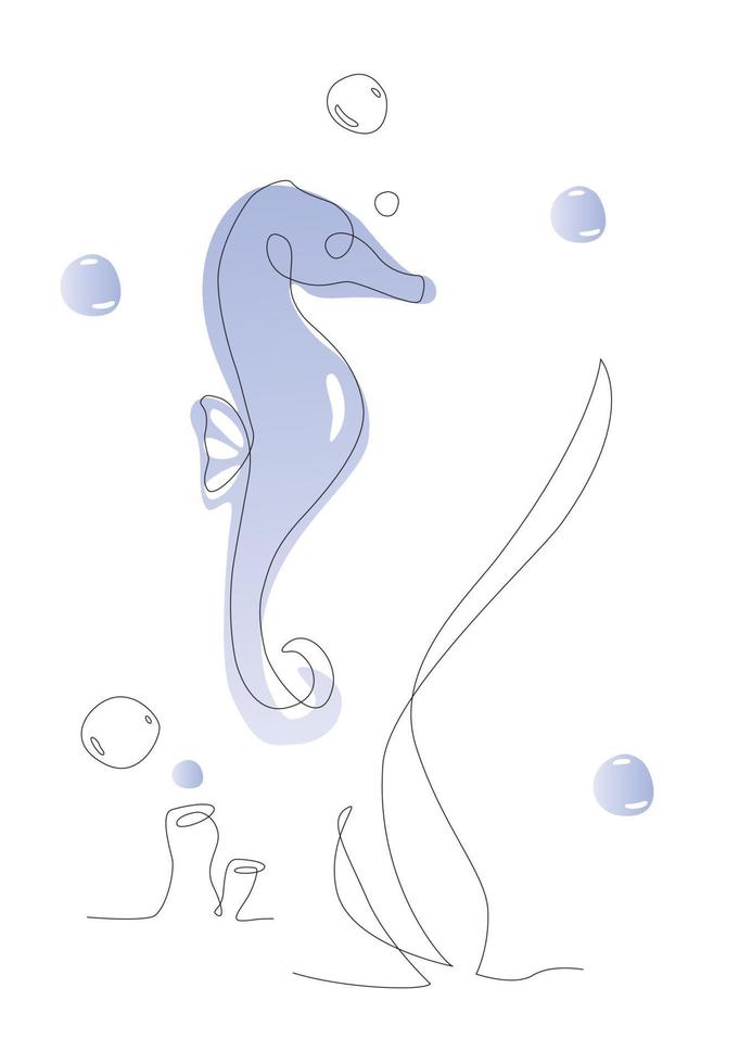 One line sea horse illustration. Sea life line art vector. Cute aquarium seahorse outline vector
