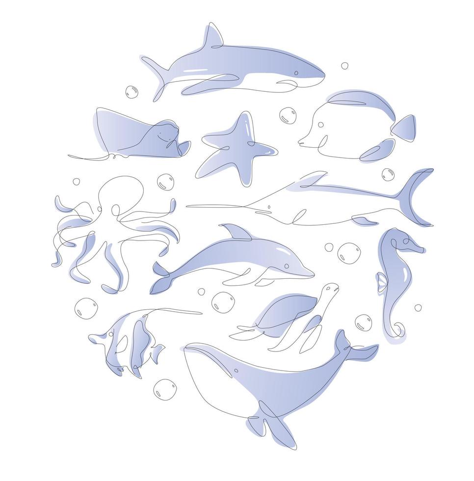 One line sea life set. Underwater outline animals. Line art ocean and sea life collection. vector