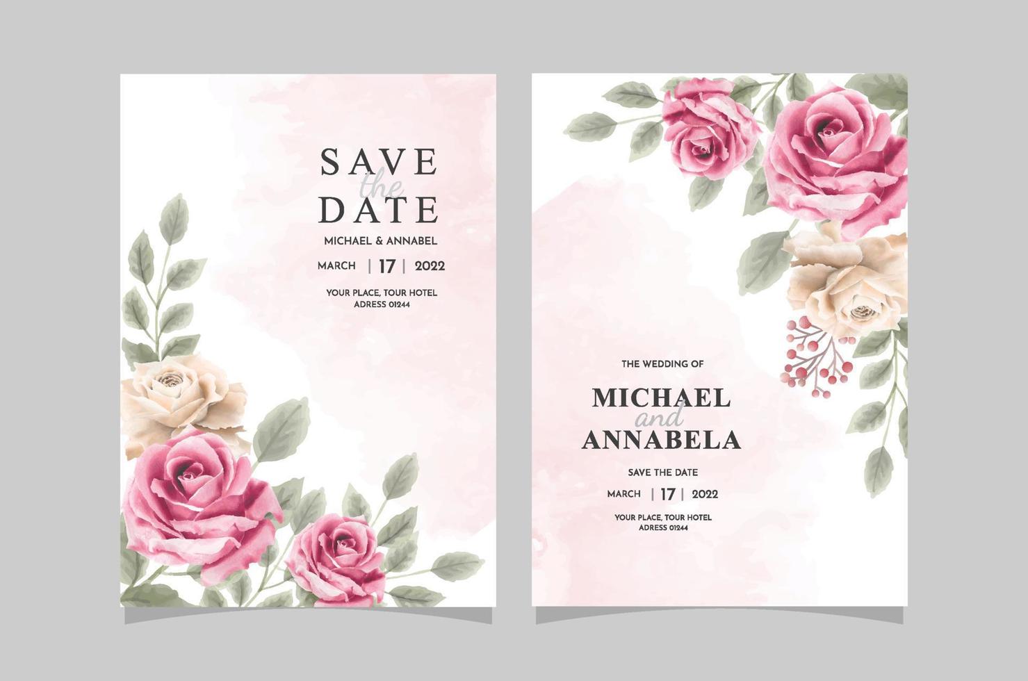 plantilla de invitación de boda floral con hermosas flores vector