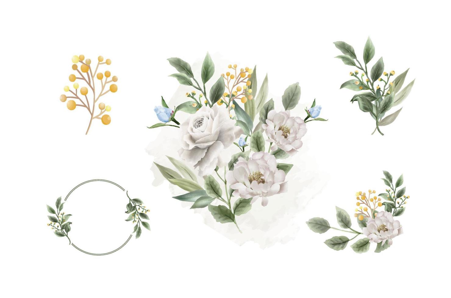 conjunto de ramos de flores de acuarela y decoración vector