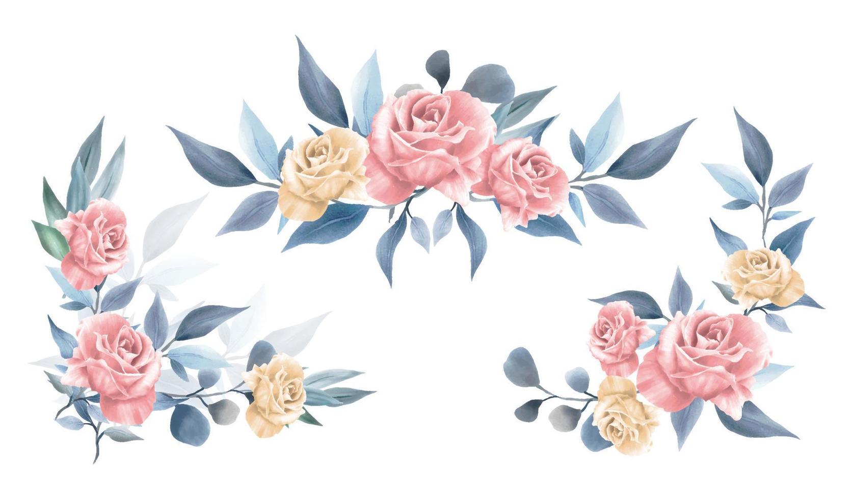 Set of watercolor floral frame bouquets and decoration vector