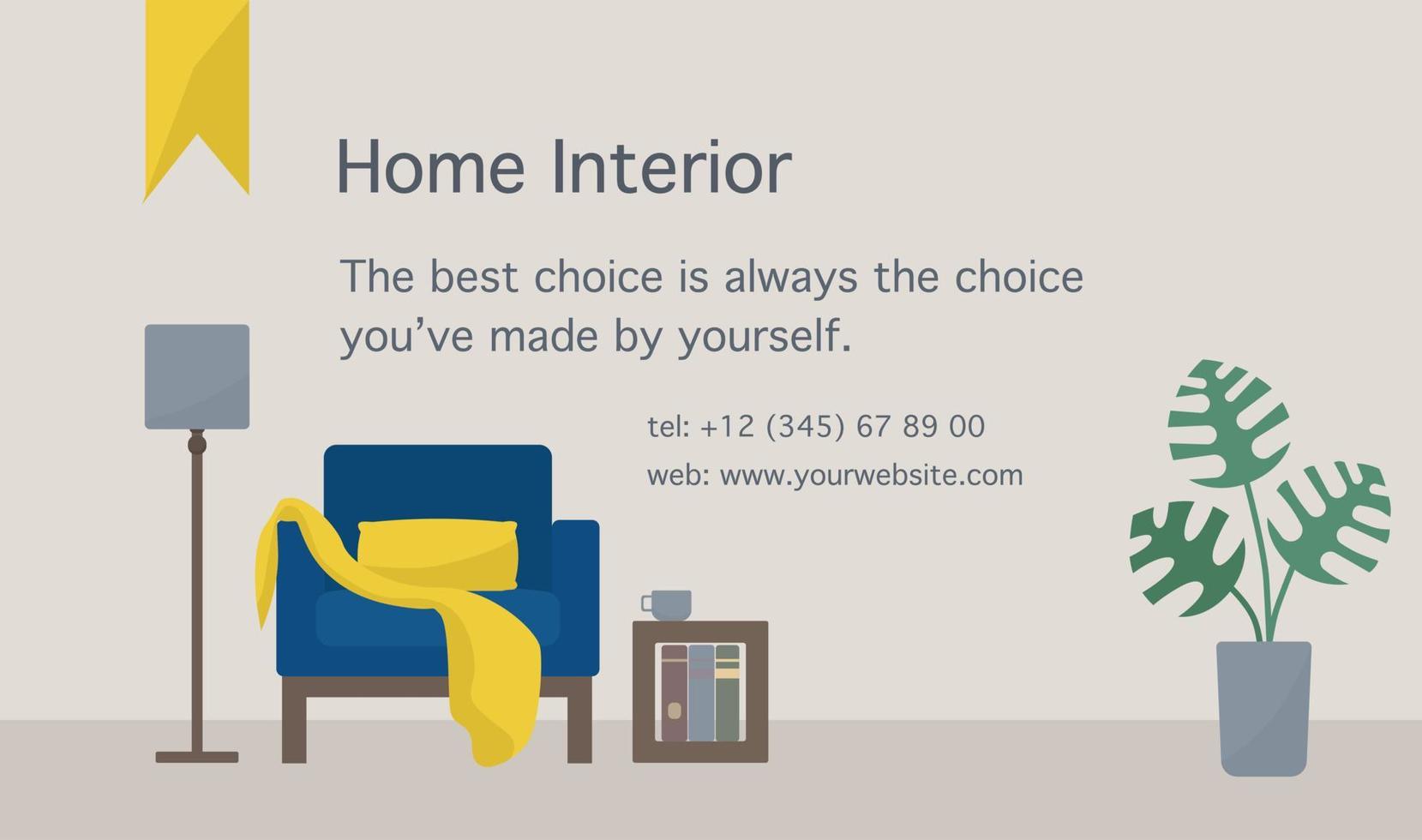 Banner with home interior furniture in minimalistic design and space for text. Cozy deep blue armchair with plaid, lamp, books, coffee cup and home plant. Vector illustration. Background.