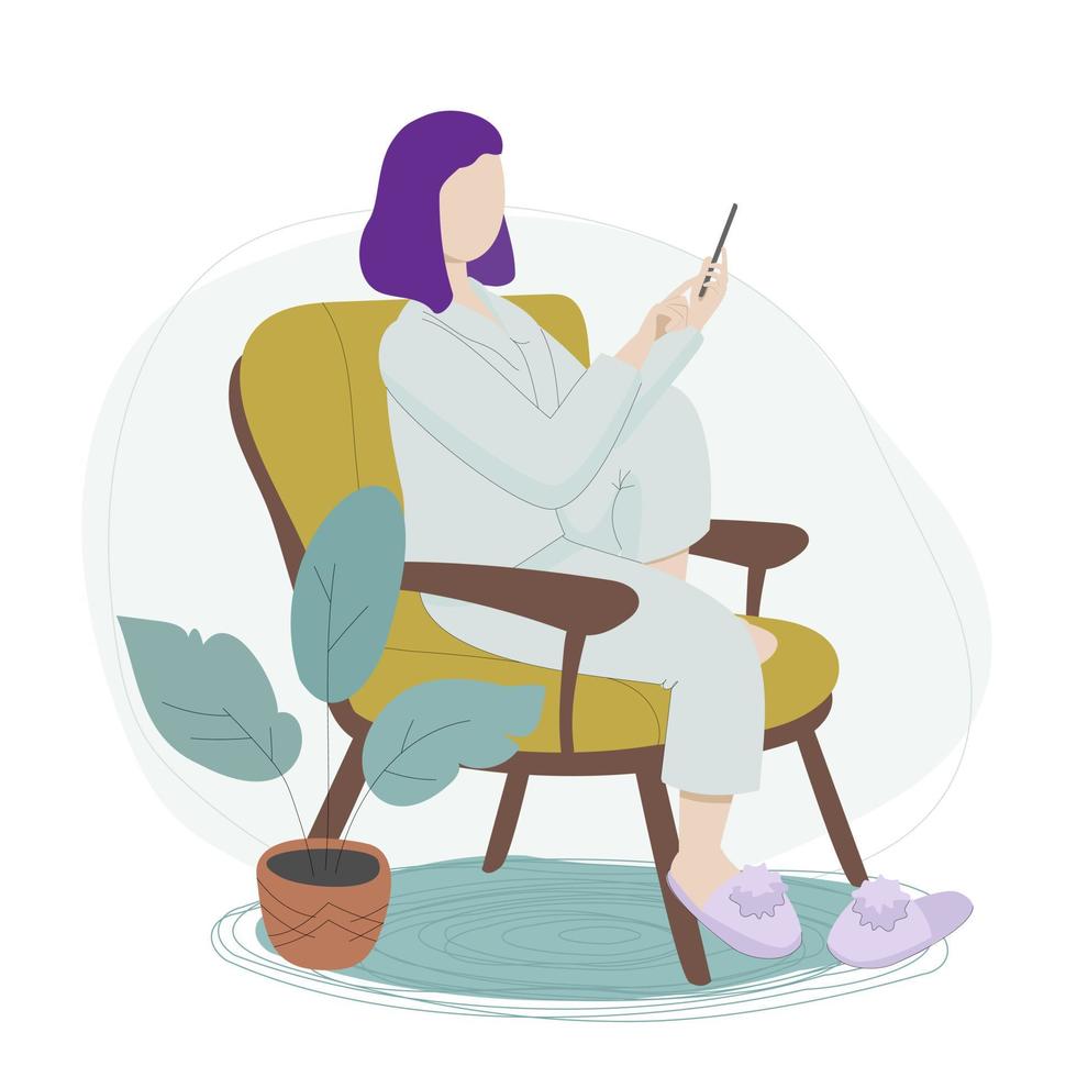 Young woman using smartphone and sitting relaxed in a cosy couch. Social network communication, internet browsing from phone concept. Vector illustration.