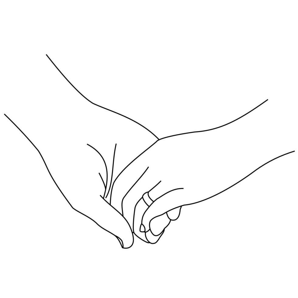 dibujo lineal de ilustración de un primer plano de las manos de un hombre y una mujer abrazándose entre sí. pareja hombre y mujer en la boda cogidos de la mano. manos del novio y la novia en el día de la boda aisladas en un blanco vector