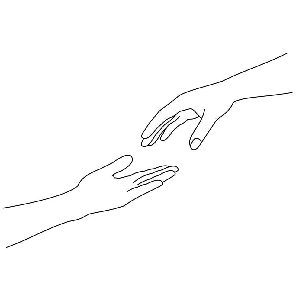 el concepto de dos manos que intentan ayudar a alcanzar o tocar y orar. la mano del niño pequeño trata de alcanzar al hombre de la mano grande. Apretón de manos de apoyo a la amistad aislado sobre fondo blanco. vector