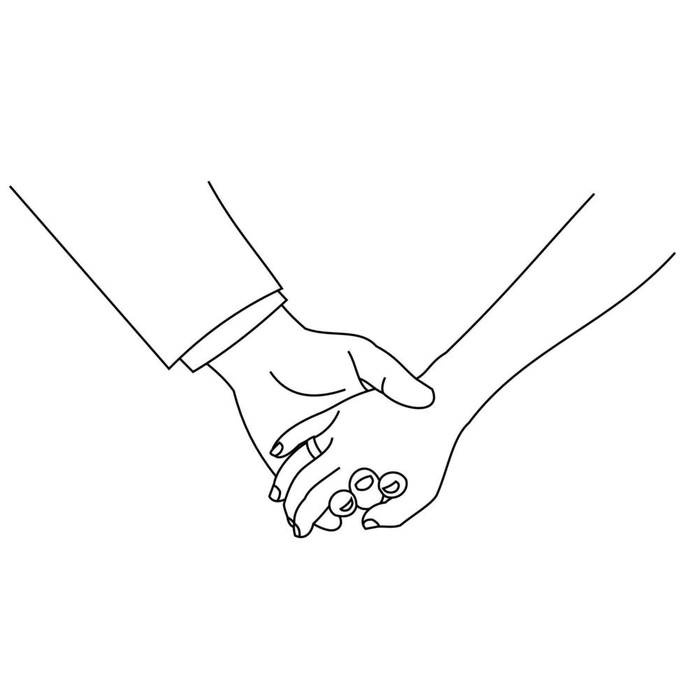 Illustration line drawing a close up of a male and female hands holding each other. Couple man and woman at the wedding holding hands. Hands of groom and bride at wedding day isolated on a white vector