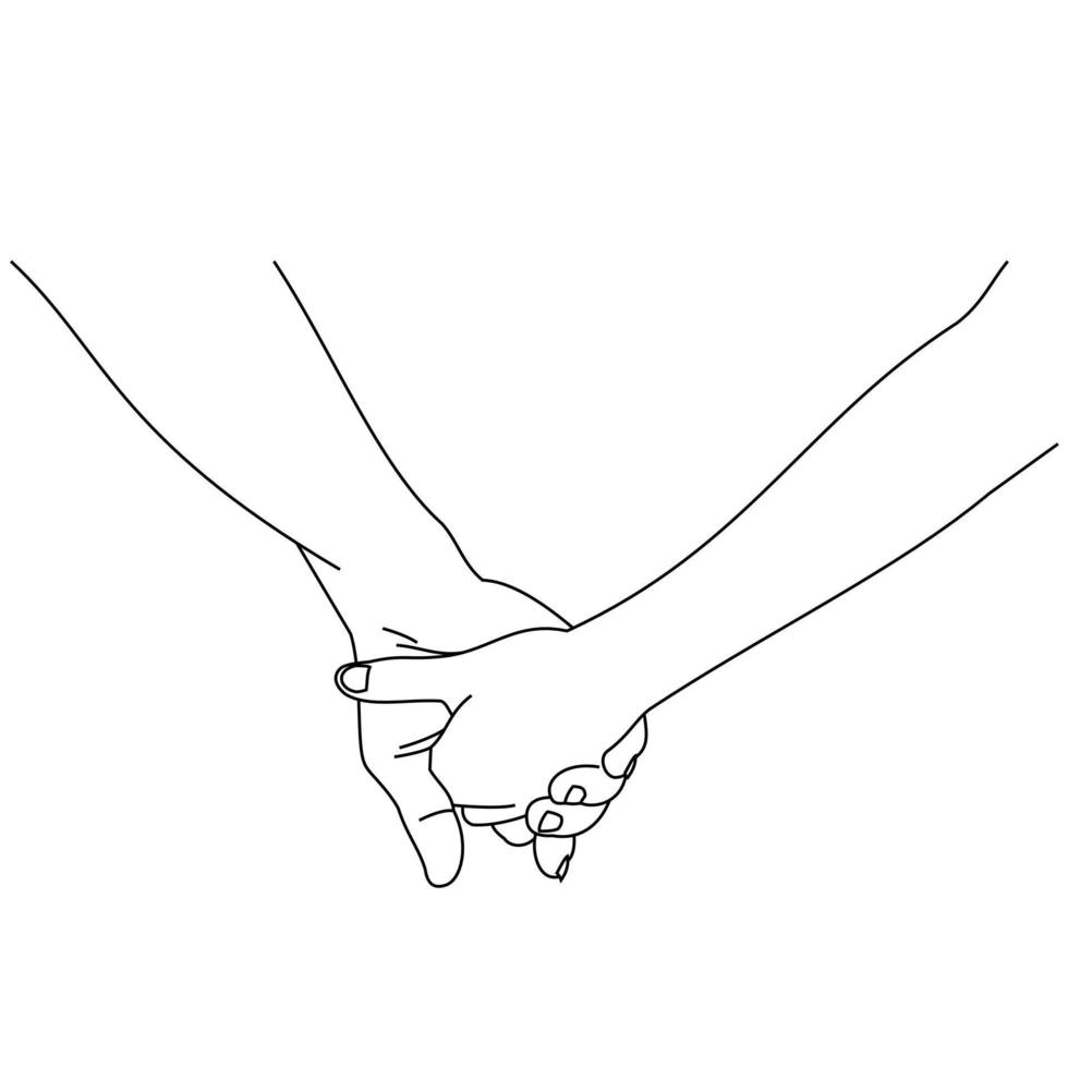 Illustration line drawing a close up of a male and female hands holding each other. Couple man and woman at the wedding holding hands. Hands of groom and bride at wedding day isolated on a white vector