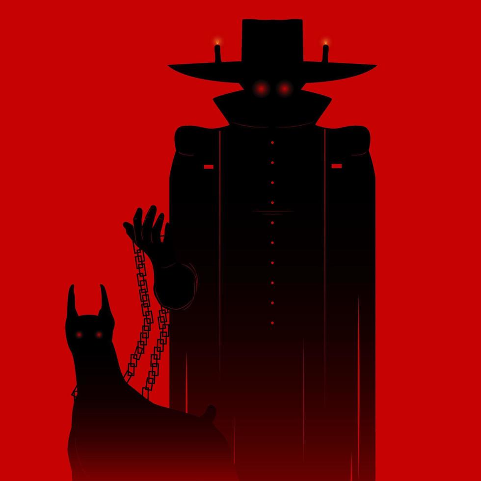 shadow man with hat and chained dog vector