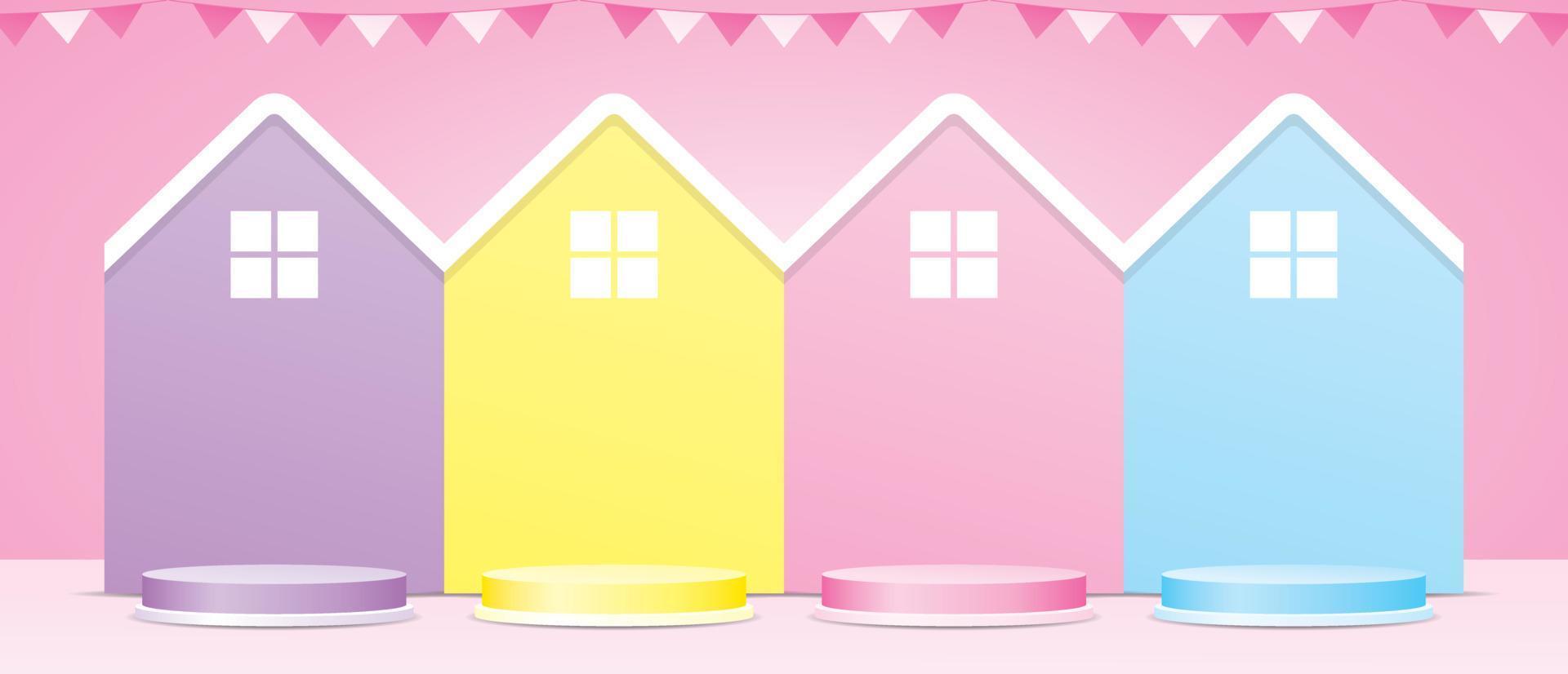 cute pastel house shape backdrop with circle podium 3d illustration vector for putting your object