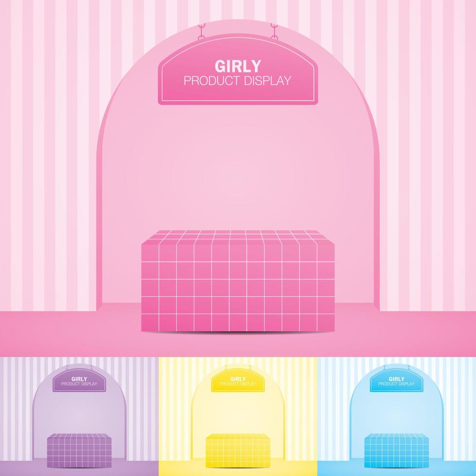 cute girly tile counter with arch and hanging sign on sweet pastel floor and striped wall 3d illustration vector collection for putting your object