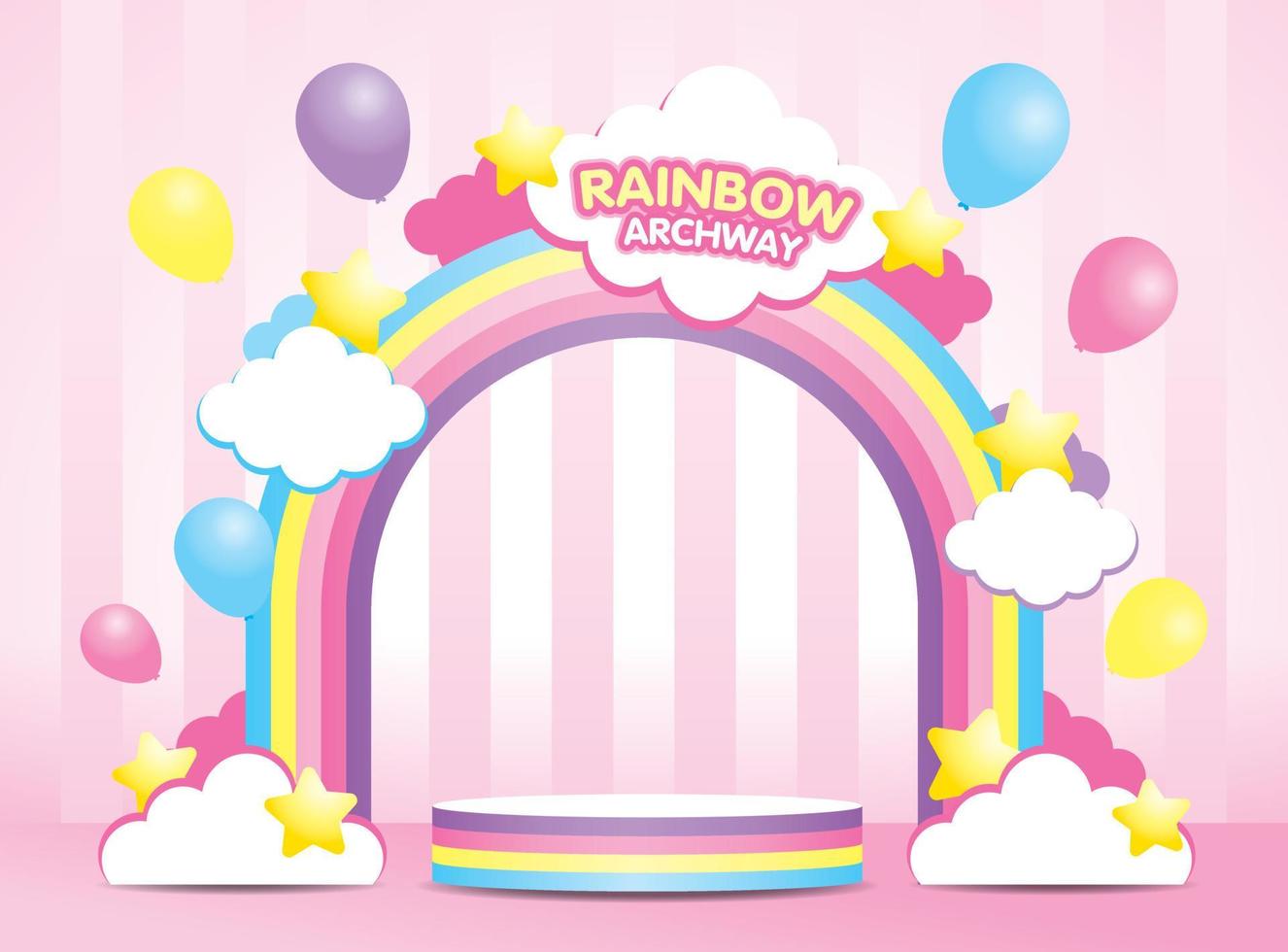 kawaii pastel rainbow archway and rainbow striped display podium 3d illustration vector with cute clouds and stars and balloons element on girly pink background