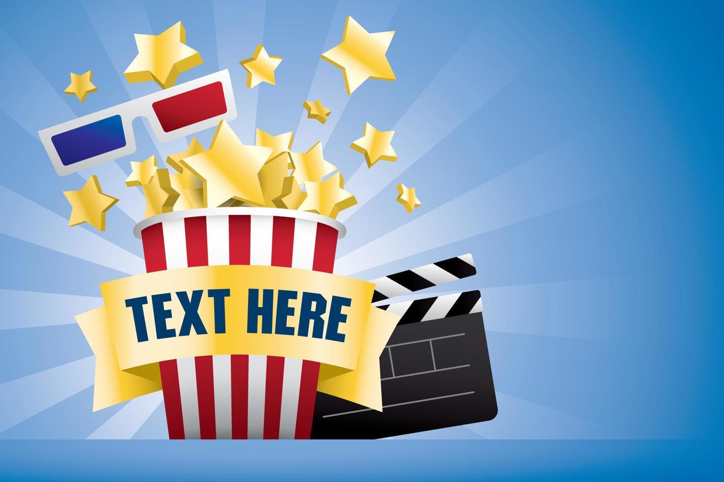 gold stars splash from popcorn box with golden ribbon for putting your text and there are a 3d glasses and a clapperboard on blue background. vector