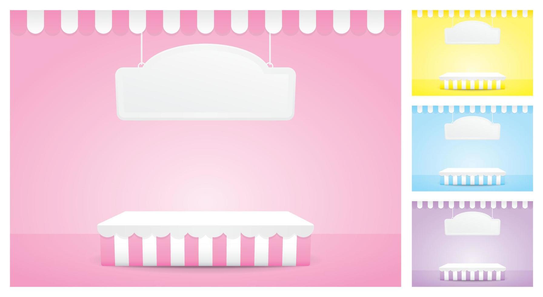 cute girly pastel color striped pattern podium display with hanging sign and awning 3d illustration vector for putting object
