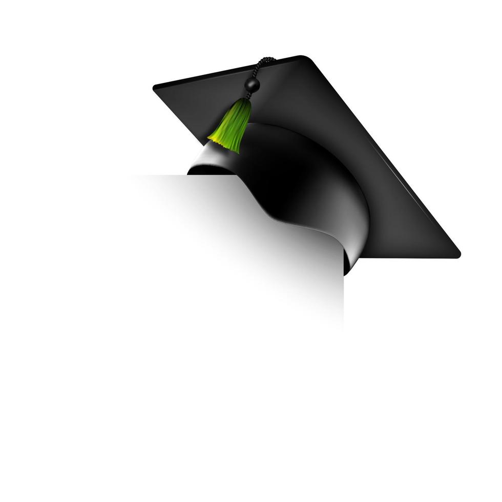 Graduation cap or mortar board on paper corner. Vector education design element isolated on white background