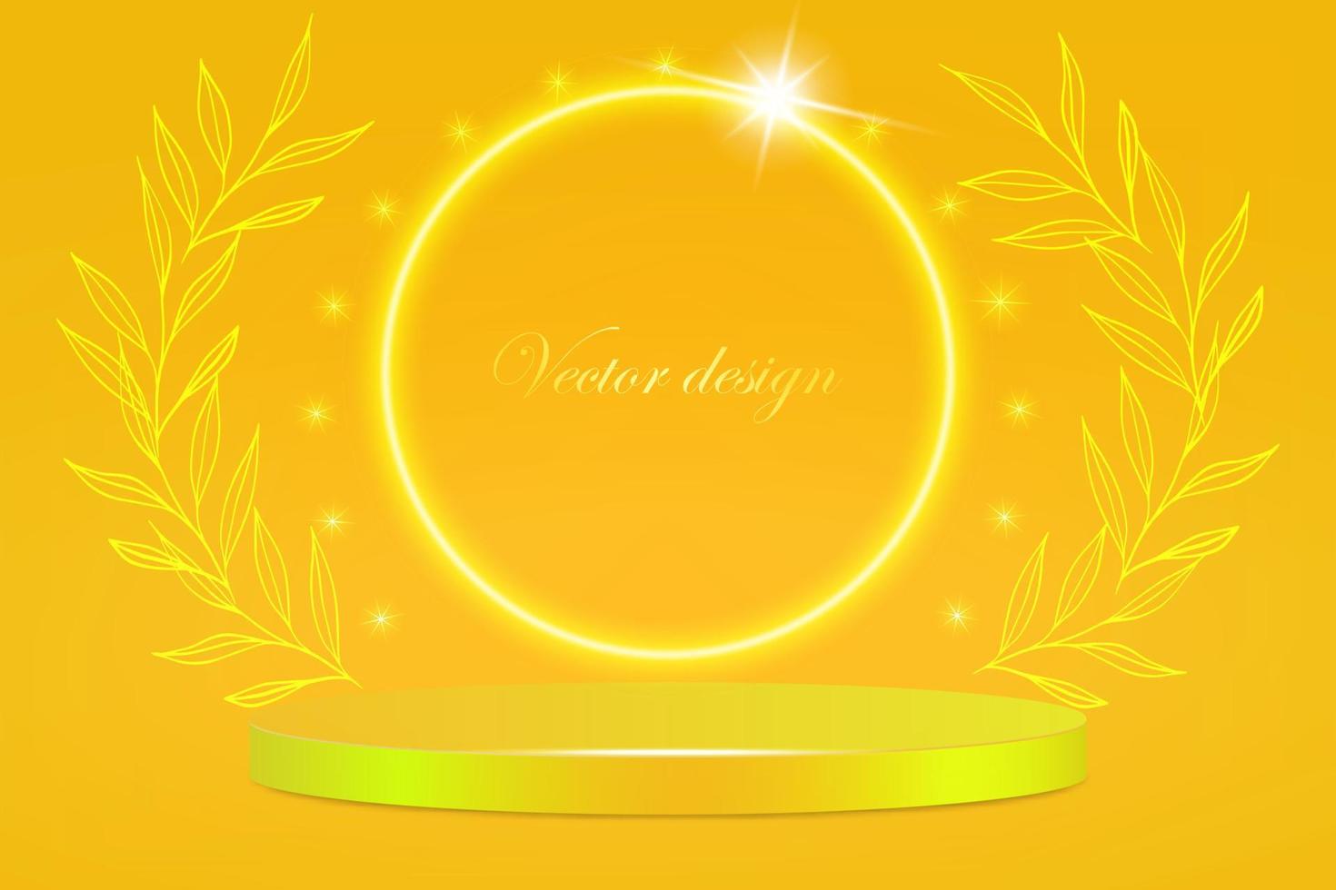 Vector illustration the stage podium is decorated with illumination. A stage on a pedestal with an image of a product, an advertisement, a show, an award ceremony on a yellow background