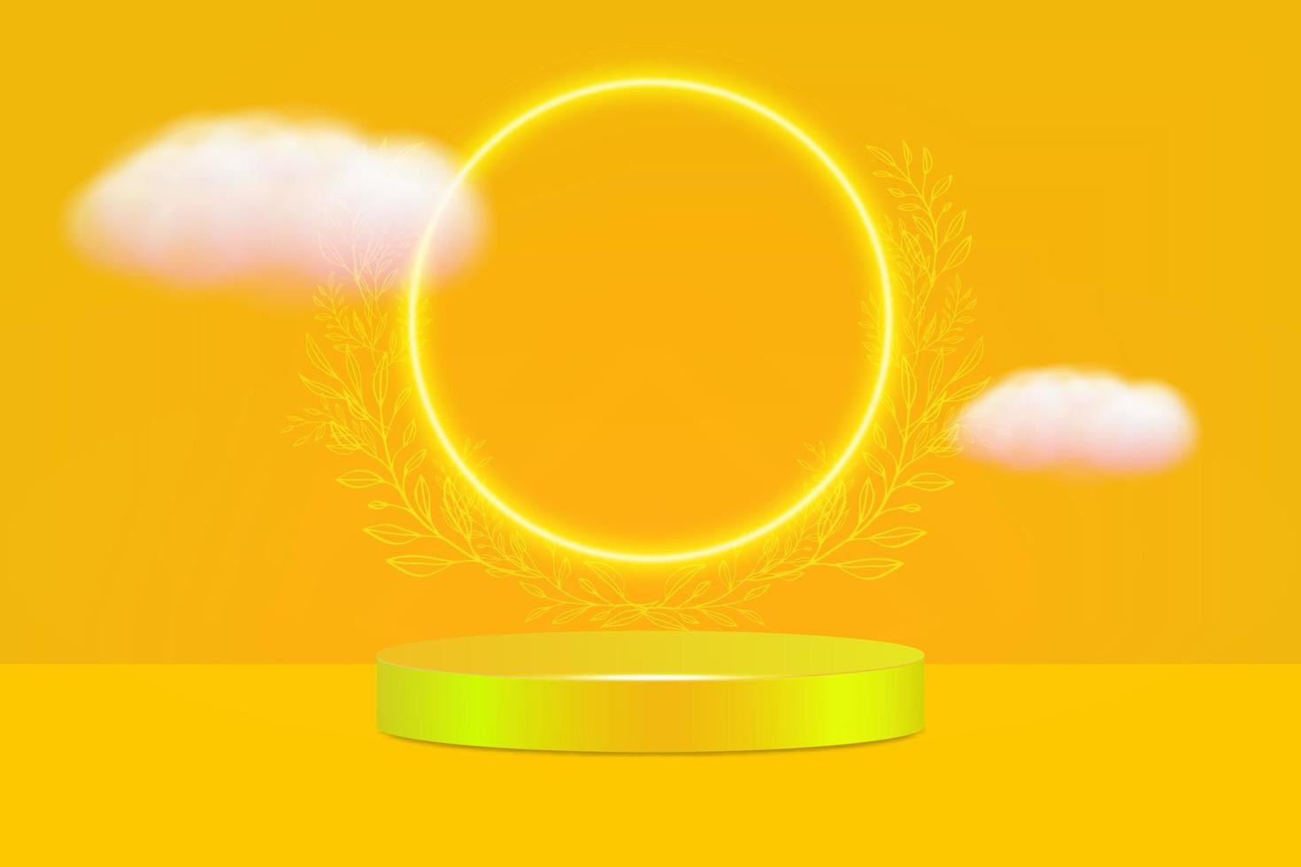 Vector illustration of a podium stage with lighting and clouds. A stage on a pedestal with an image of a product, an advertisement, a show, an award ceremony on a yellow background