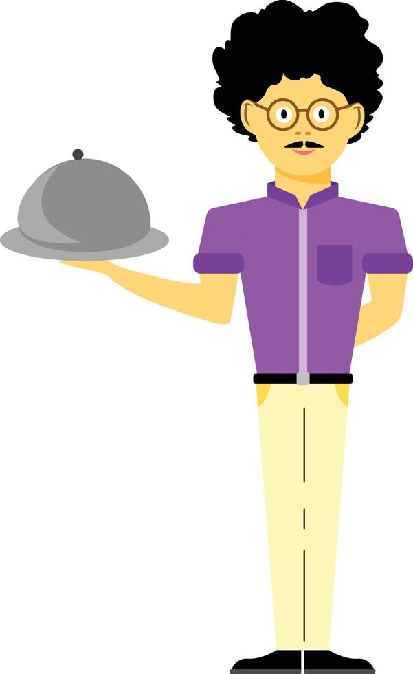 A waiter with glasses holding a round tray design concept vector