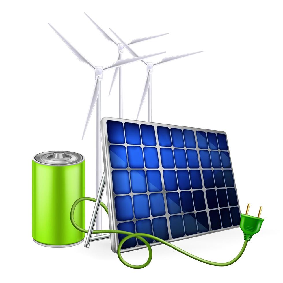 energía verde. ilustración vectorial realista de paneles solares, turbina eólica y batería vector