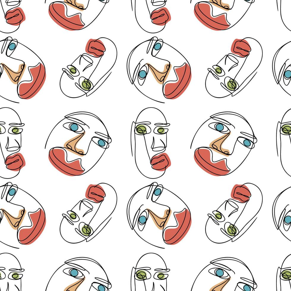 Modern One Line Hand Drawn Abstract Faces Seamless Pattern vector
