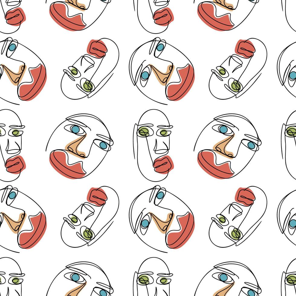 Modern One Line Hand Drawn Abstract Faces Seamless Pattern vector