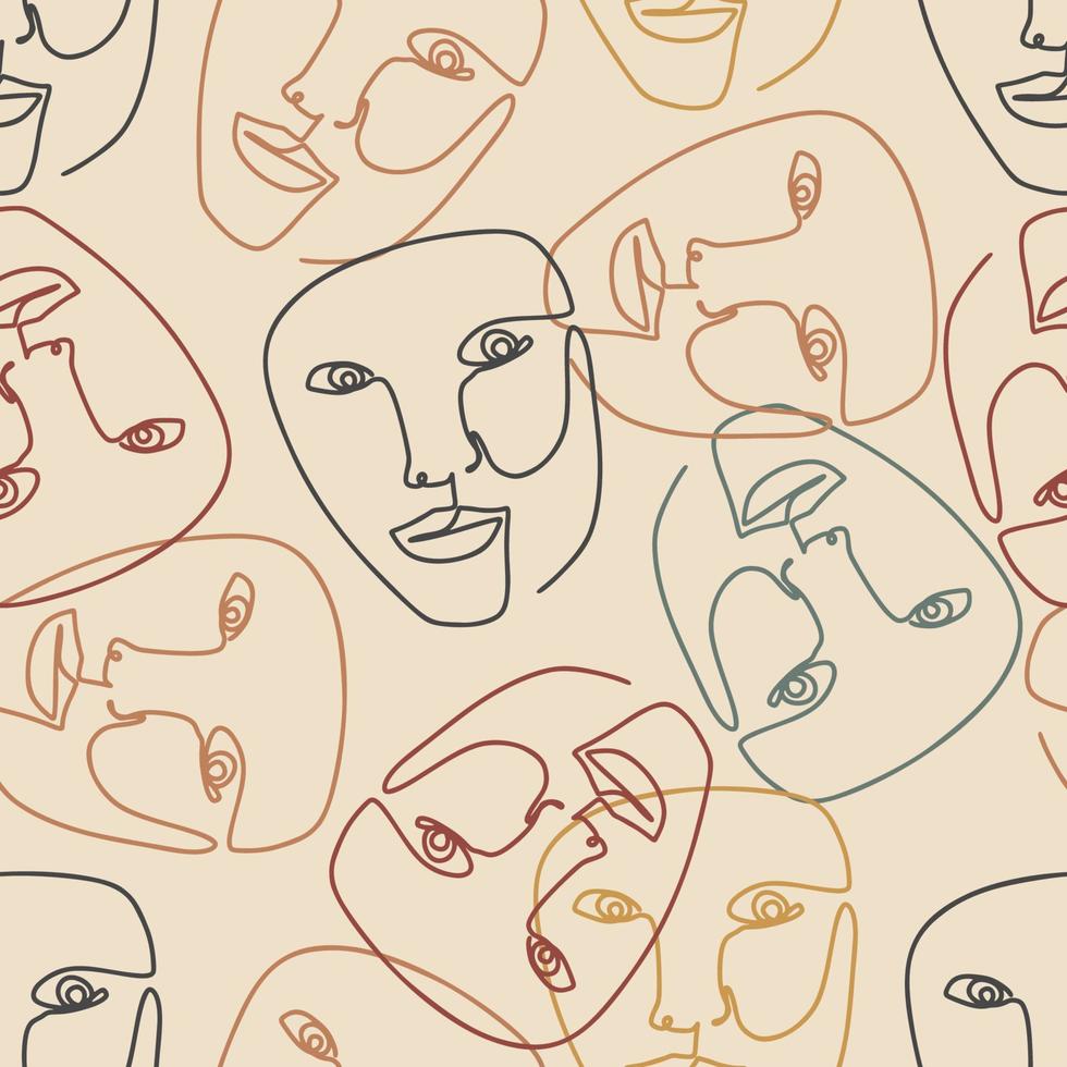 Boho One Line Hand Drawn Abstract Faces Seamless Pattern vector