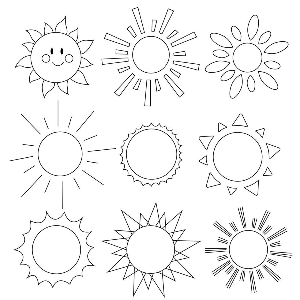 Set of doodle cartoon sun. Vector line art illustration, logo, childrens coloring page.