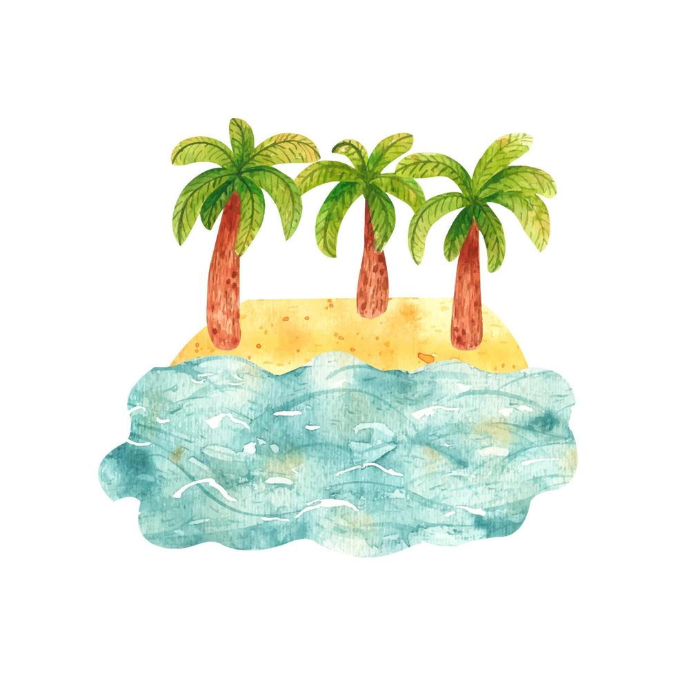 Cozy hand drawn cartoon watercolor houses of city on the sandy beach. Buildings and a castle with a tower and a clock on the shore. Illustration of landscape, nature, summer holiday vector