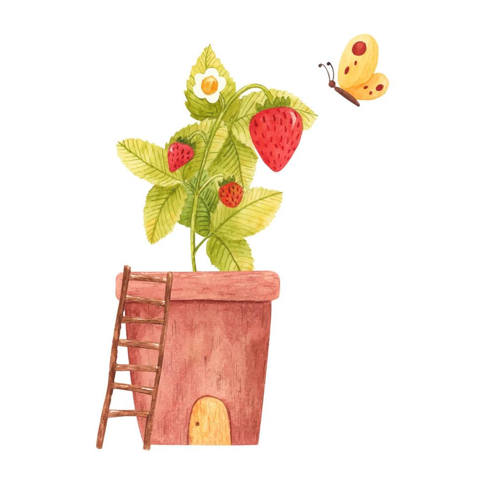 Hand drawn watercolor strawberry branch in a ceramic pot with a ladder and butterfly isolated on white background. Fresh summer berries for print, card, sticker, textile design, product packaging. vector