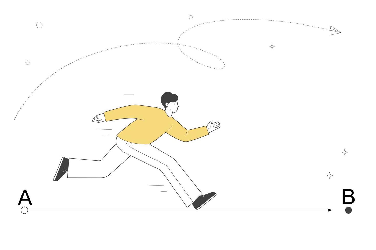 Direct road from point A to point B. Direct and easy way to goal. Person hurries to point B. vector