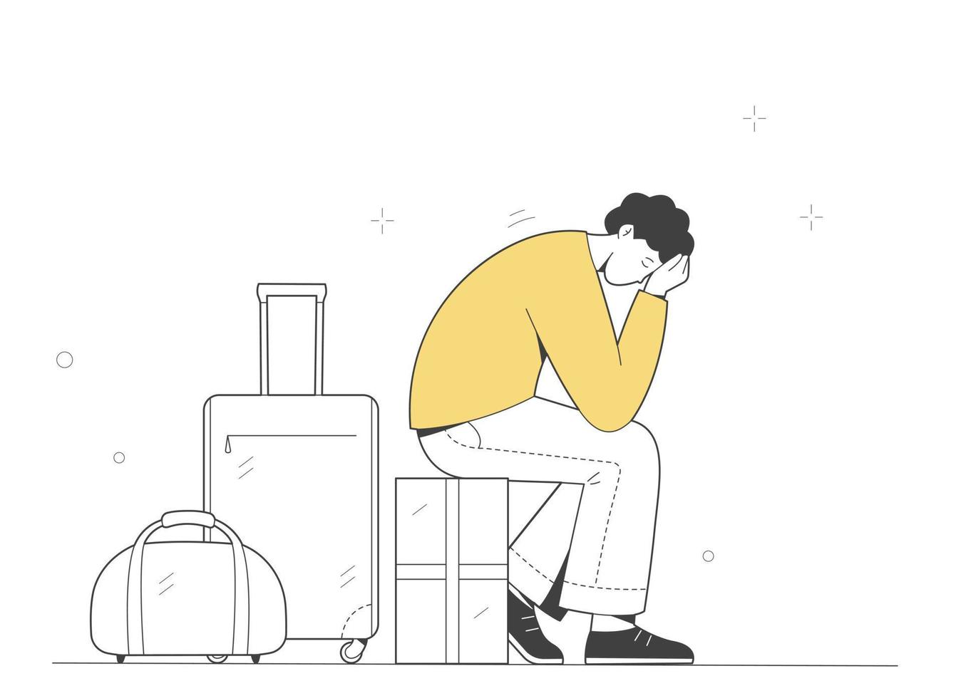 el hombre triste y cansado se sienta con la maleta. un joven triste está sentado en su equipaje esperando un tren, un avión o un barco de vapor. vector