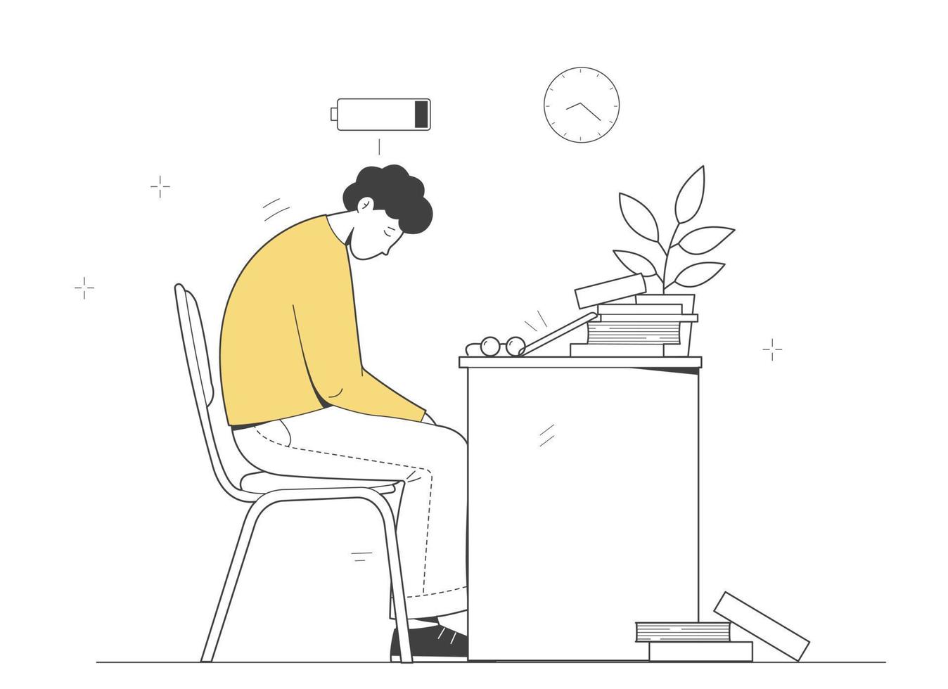 Tired man with low battery above head. Tired student fell asleep over a book. Mental strain, professional burnout syndrome. Outline illustration vector