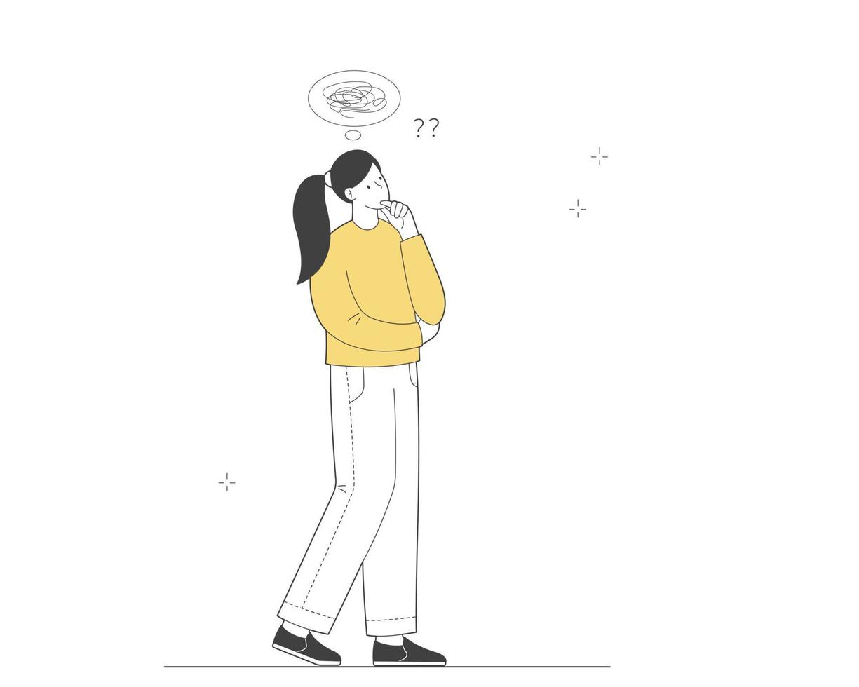 Thoughtful character is looking for solution. Problem solving and choice. Young woman thinks vector