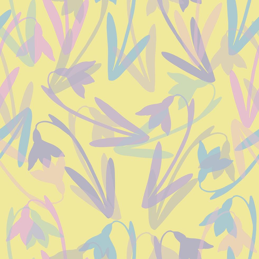 patrón de flores de fideos pastel sin costuras sobre fondo amarillo, tarjeta de felicitación o tela vector