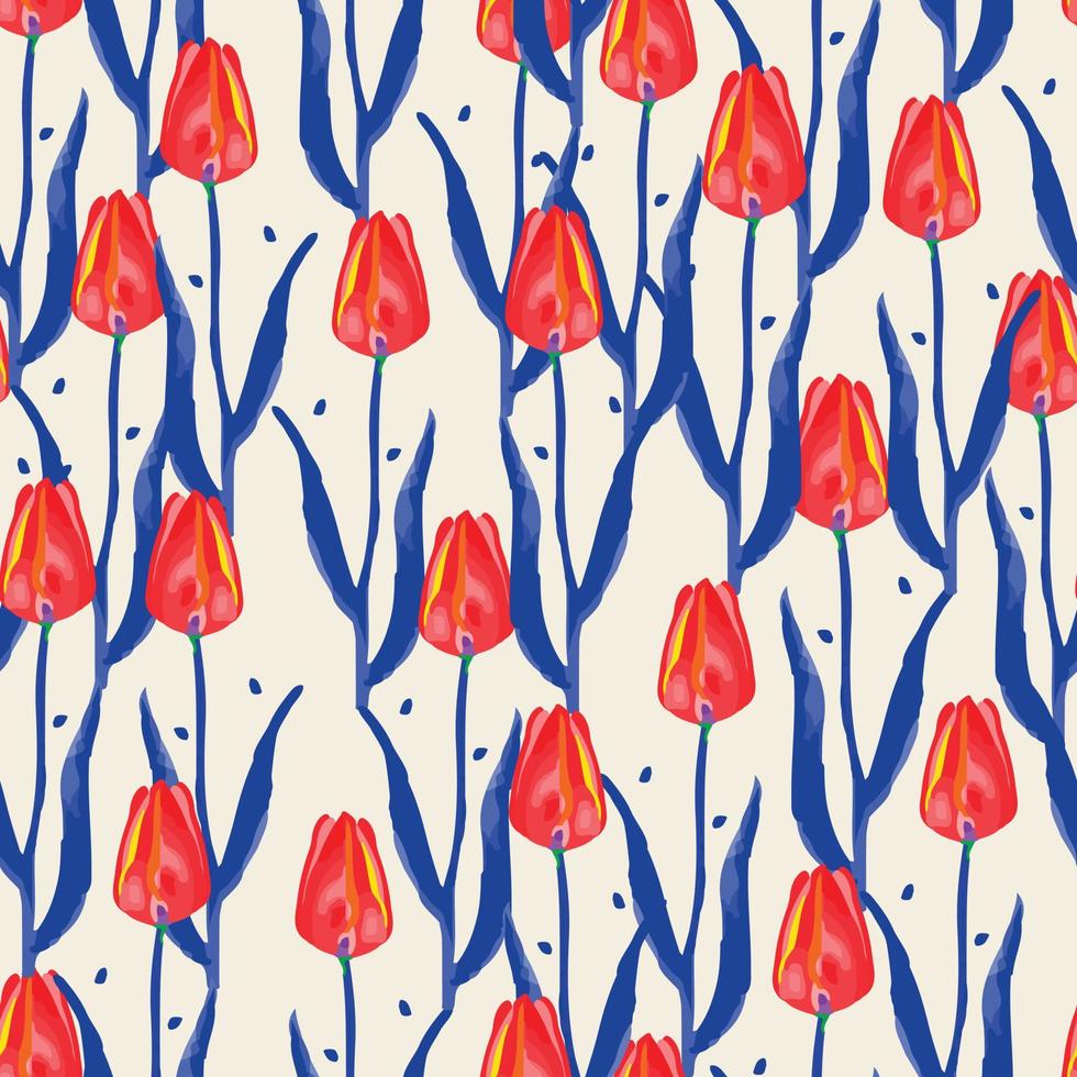 Fondo de patrón de flores de tulipán mezclado sin costuras, tarjeta de felicitación o tela vector
