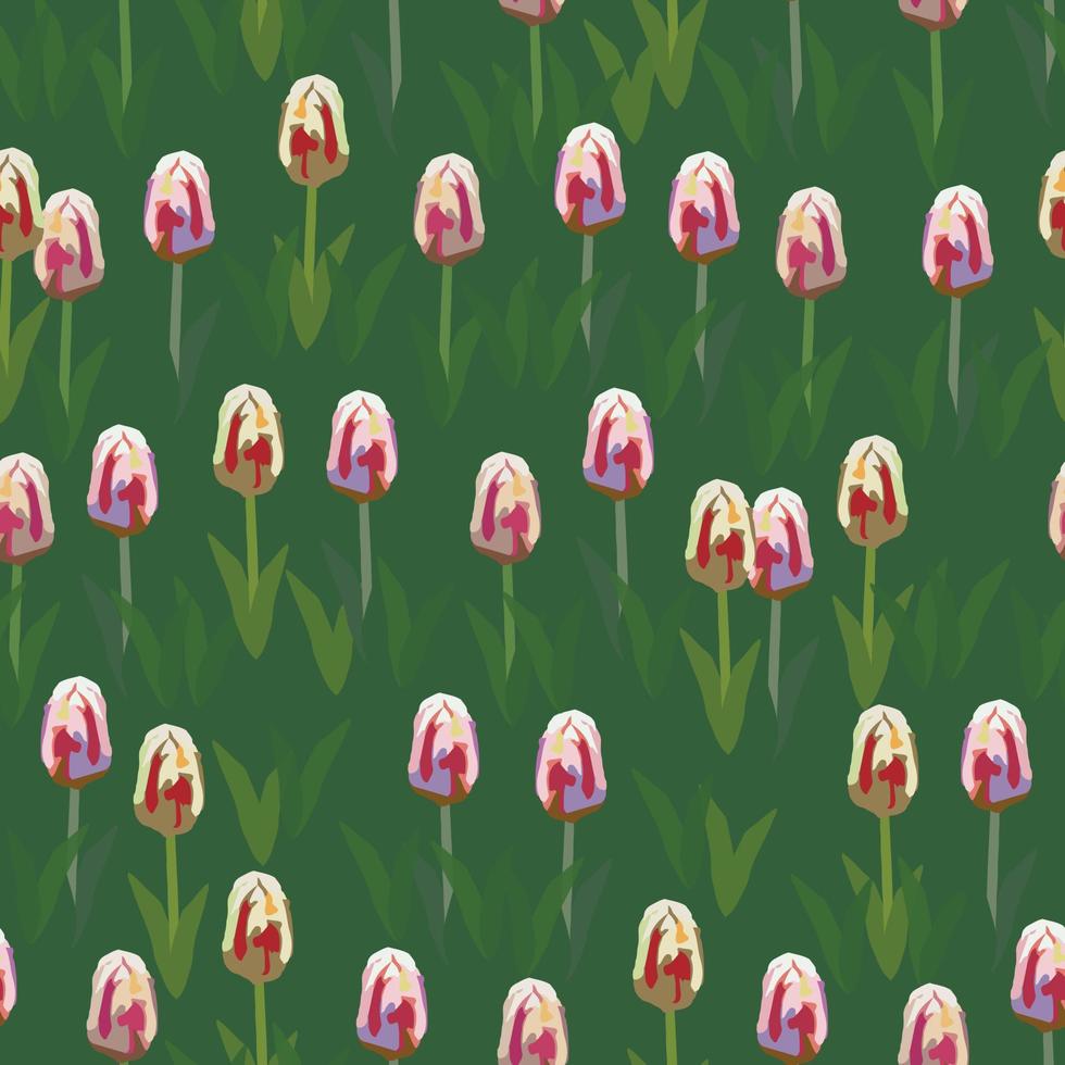 fondo de patrón de plantas sin costuras con campos de flores de tulipanes, tarjeta de felicitación o tela vector