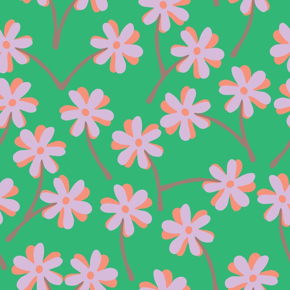 flores dibujadas a mano en colores pastel sin costuras sobre fondo de patrón verde, tarjeta de felicitación o tela vector