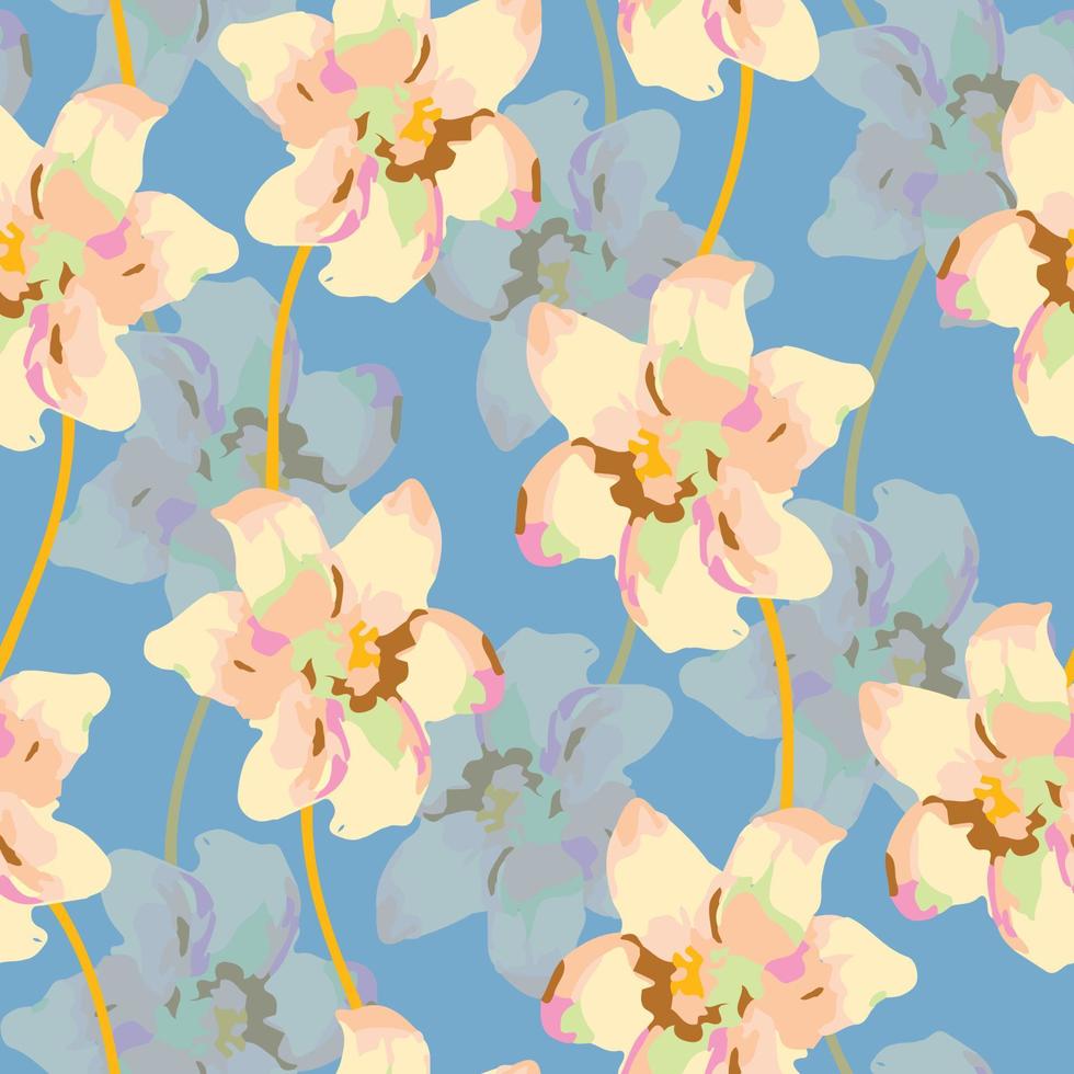 patrón de flores pastel transparente sobre fondo azul, tarjeta de felicitación o tela vector