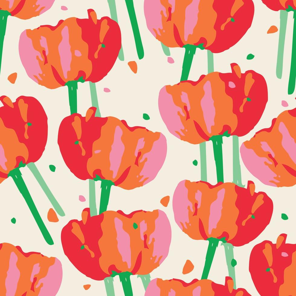 seamless plants pattern background with set of tulips , greeting card or fabric vector