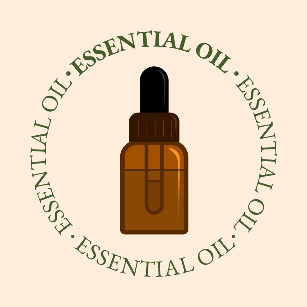 Essential oil bottle symbol with text. Aromatherapy and cosmetic oil icon. Flat vector illustration