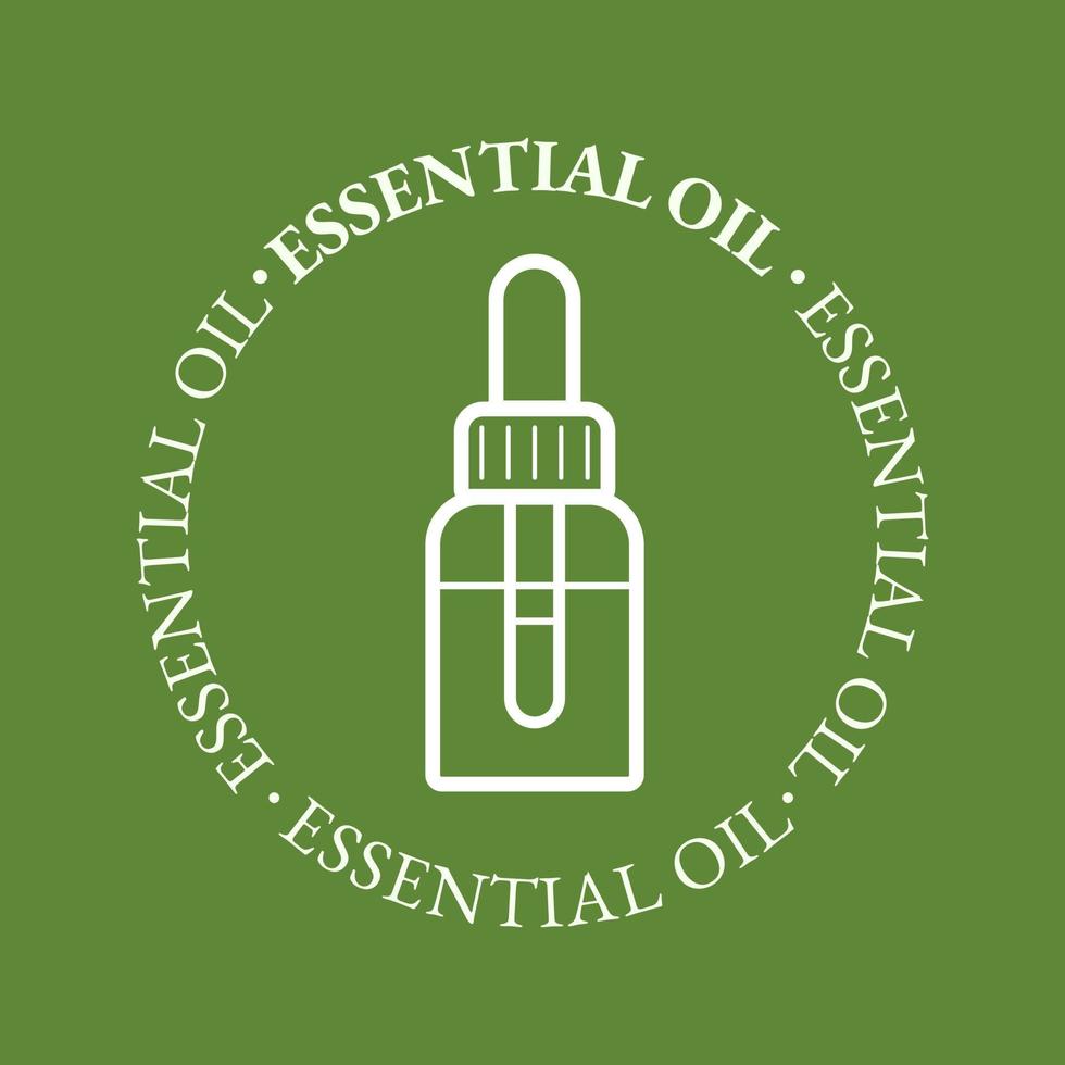 Essential oil bottle symbol with text. Aromatherapy and cosmetic oil icon. Flat vector illustration