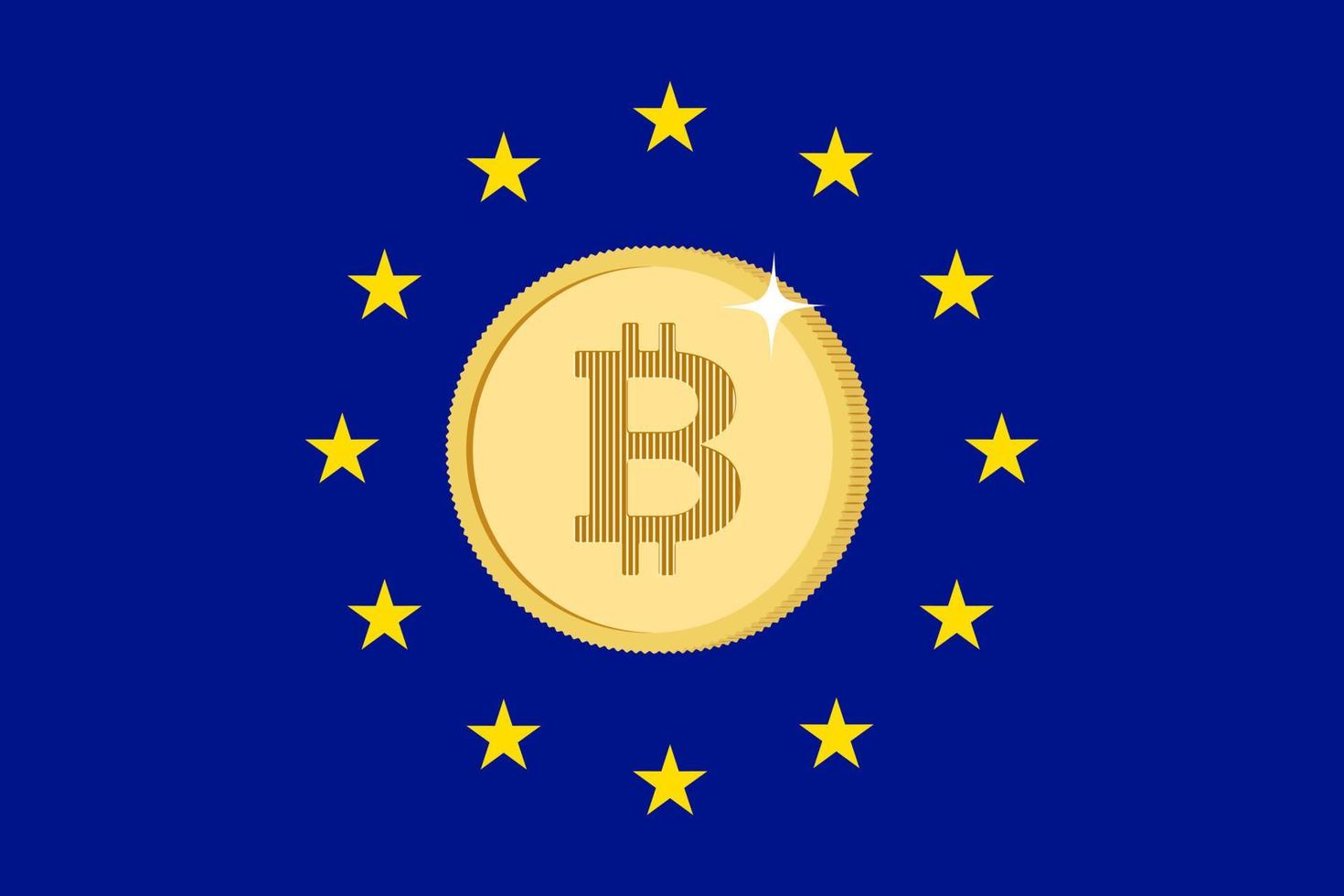 European Union flag and bitcoin coin. Cryptocurrency tax regulation on Europe vector