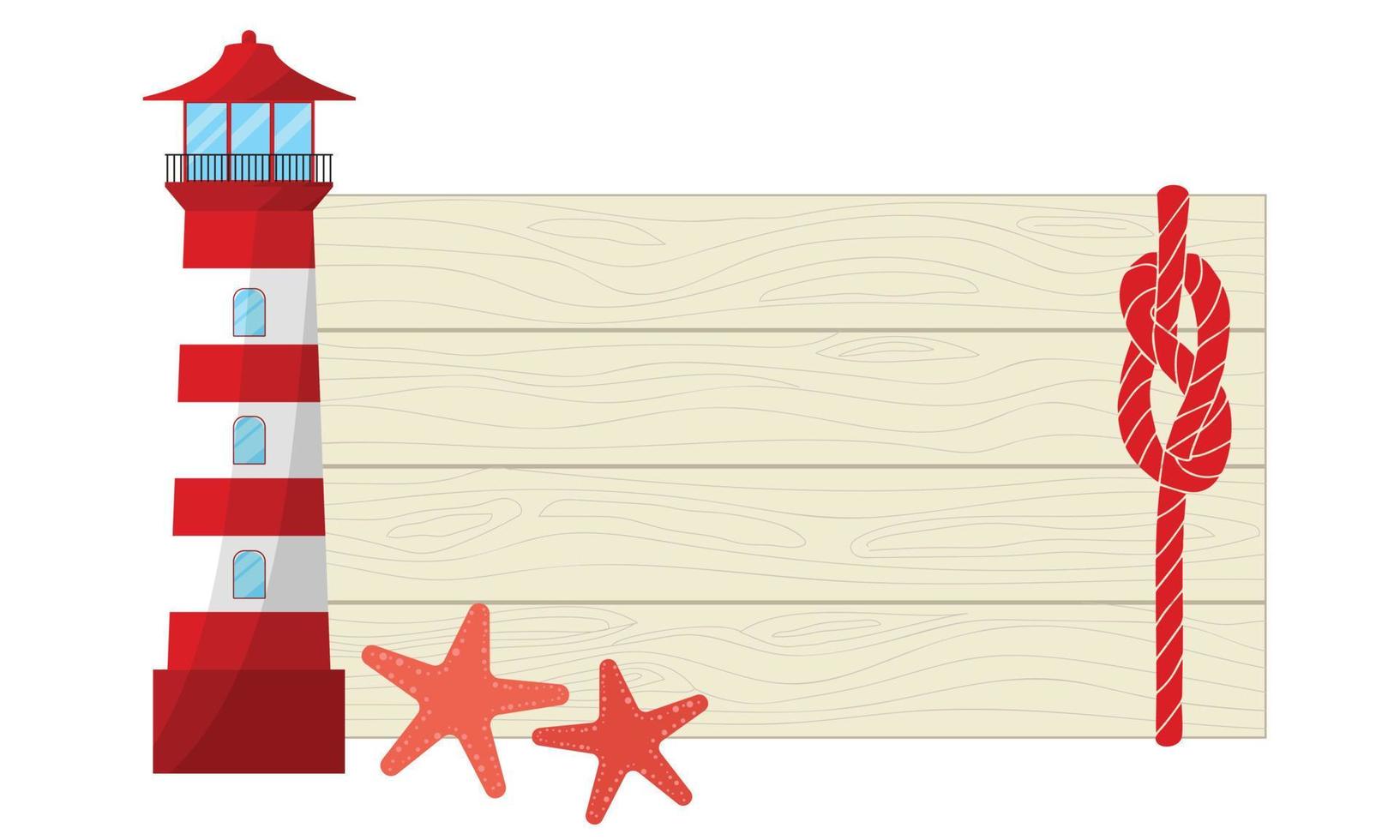 Fondo de espacio de copia vectorial en tonos de gris y rojo con estrella de mar y torre de faro detrás de tablones de madera blanca vector