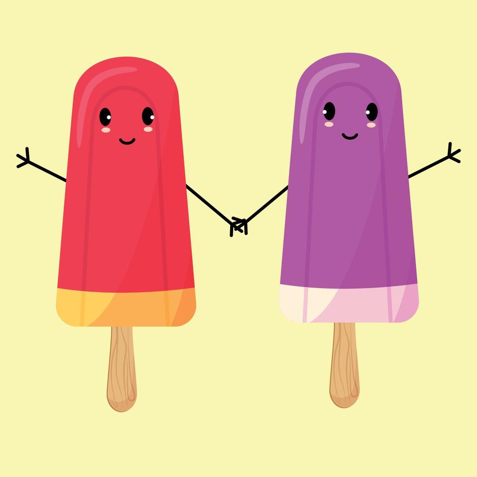 I love you Card design with Kawaii chocolate and strawberry Ice cream, ice lolly with pink cheeks and winking eyes, pastel colors on white background. Vector