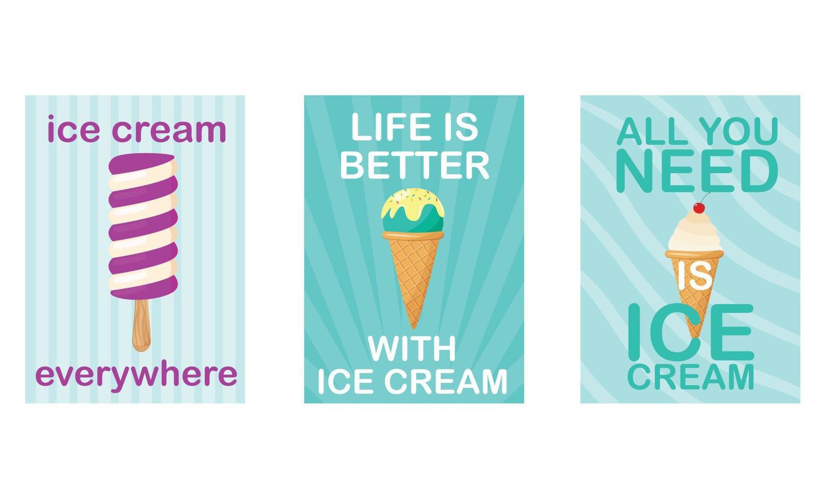 Set of cute creative card templates with ice cream theme design. Postcard. For birthday, anniversary, party invitations. Vector illustration.