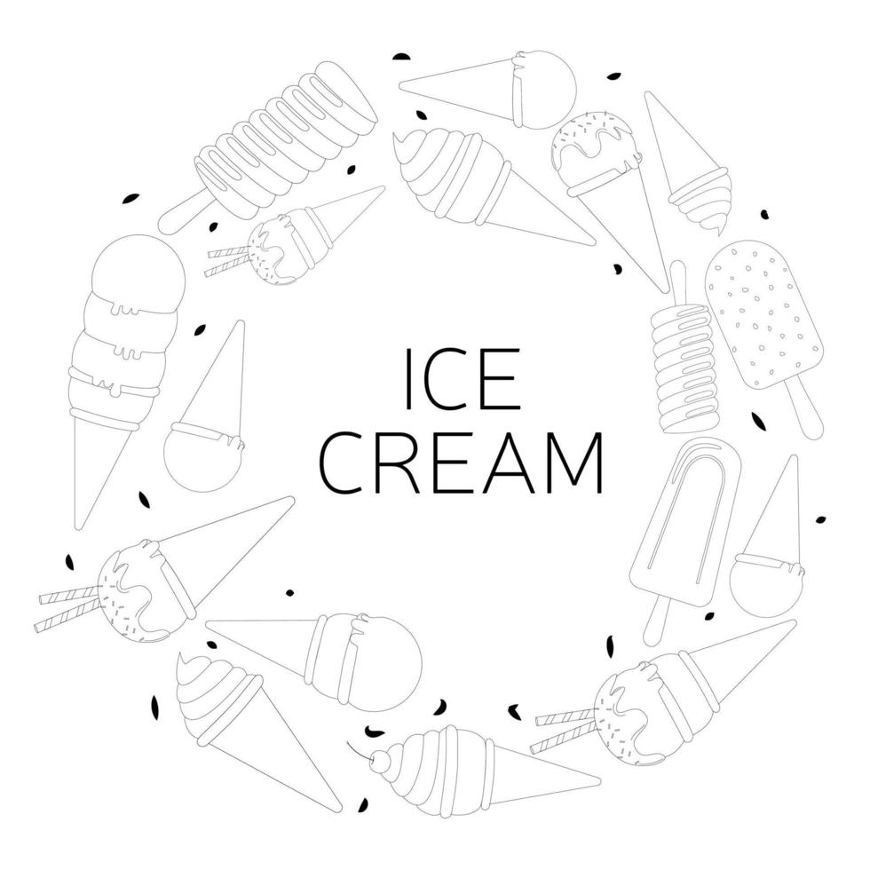 Template for design with hand drawn ice cream and place for your text. Illustrated cartoon background. Great for dessert menu and other food design. Vector illustration.