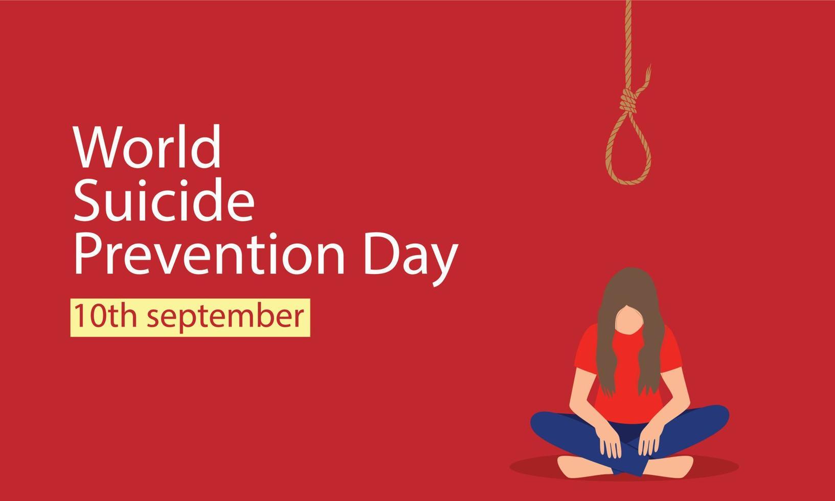 World Suicide Prevention Day. September 10 International Day.Sad Man with Yellow Ribbon.The guy is Depressed or Crying.Flat Vector Illustration