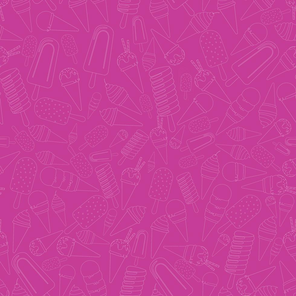 Cute hand drawn seamless pattern with different types of ice cream. Pink background with sweet desserts. Ideal background for a cafe or restaurant menu. vector