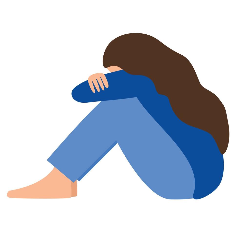 mujer triste y desesperada abrazando sus rodillas y llorando. niña deprimida sentada en el suelo. ilustración vectorial aislado sobre fondo blanco vector