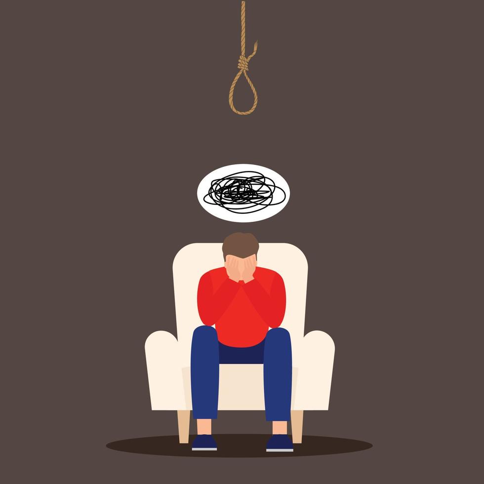 Unhappy man sitting at arm chair over dark background, touching his head, man suffering from posttraumatic stress disorder, vector