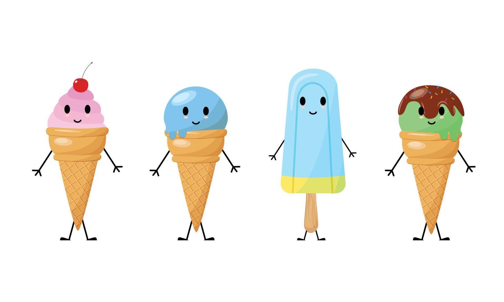 Collection of funny cheerful ice cream cartoon characters with eyes, hands and legs. Vector illustration isolated on white background